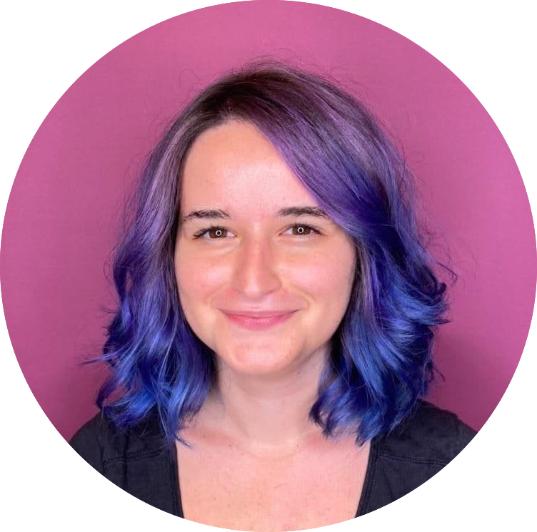 Portrait of Agathe Badia smiling, on a pink background